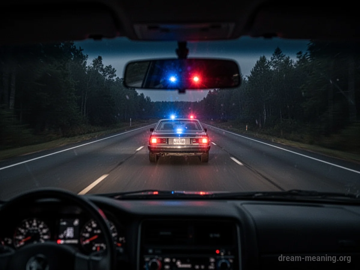 A car driving quickly on a road at night, with faint red and blue lights visible behind it.