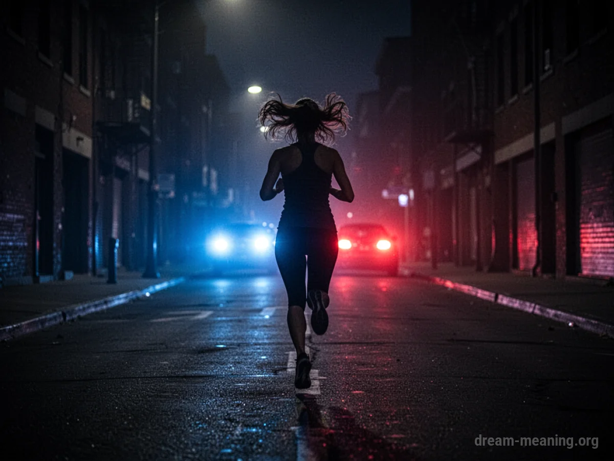 Silhouette of a woman running down a dark street with flashing lights in the distance.