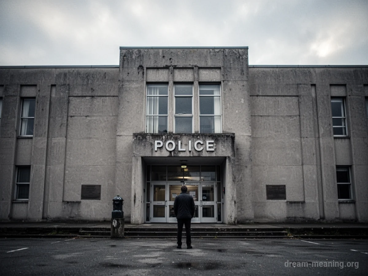 A person standing in front of a police station building under a cloudy sky.