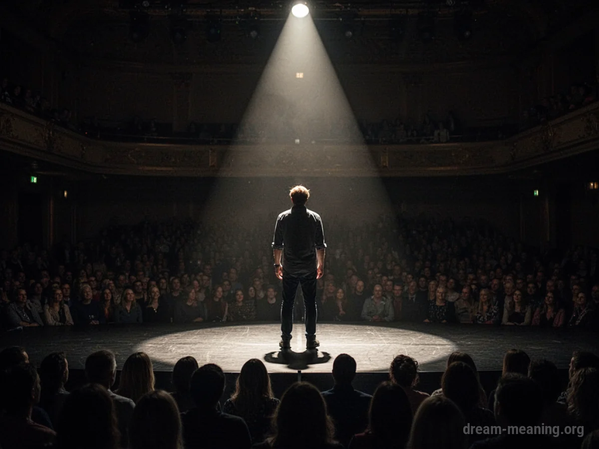A person stands alone on a stage under a spotlight.