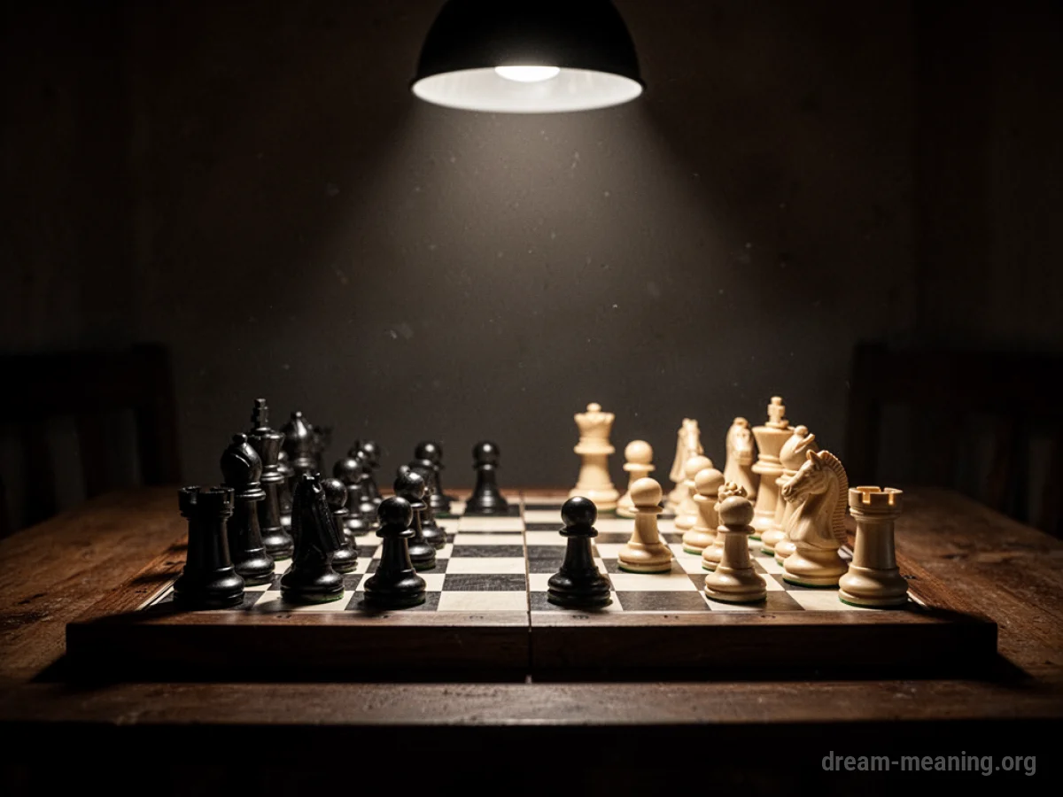 A chessboard with strategically placed pieces under a spotlight.