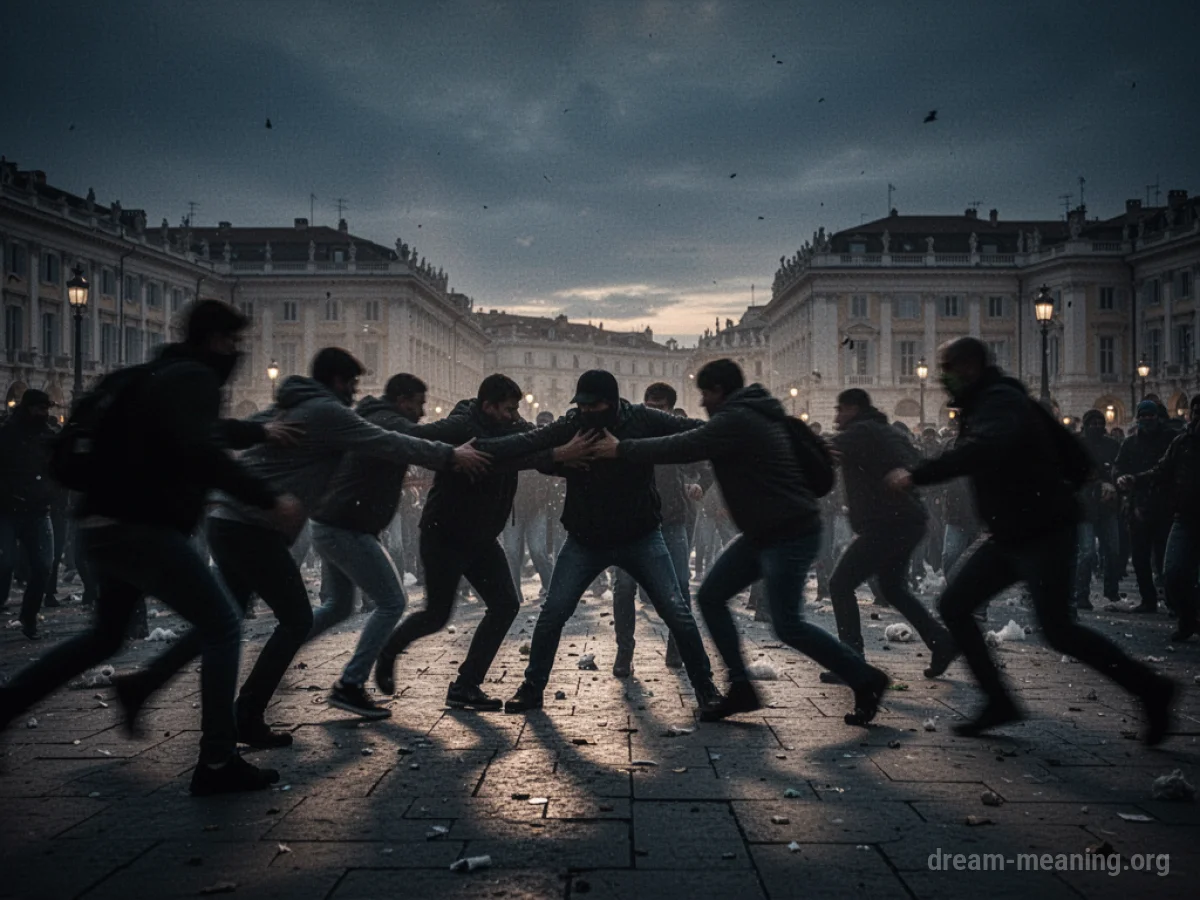 Silhouettes of a crowd in a public square with motion blur indicating scuffles.