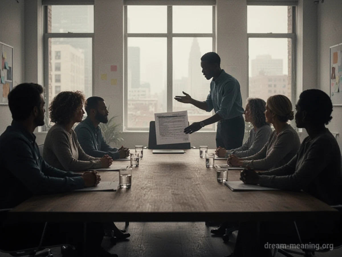 Silhouettes of people around a conference table with one person speaking.