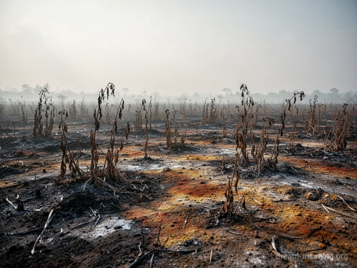 Desolate land with discolored soil and withered plants.