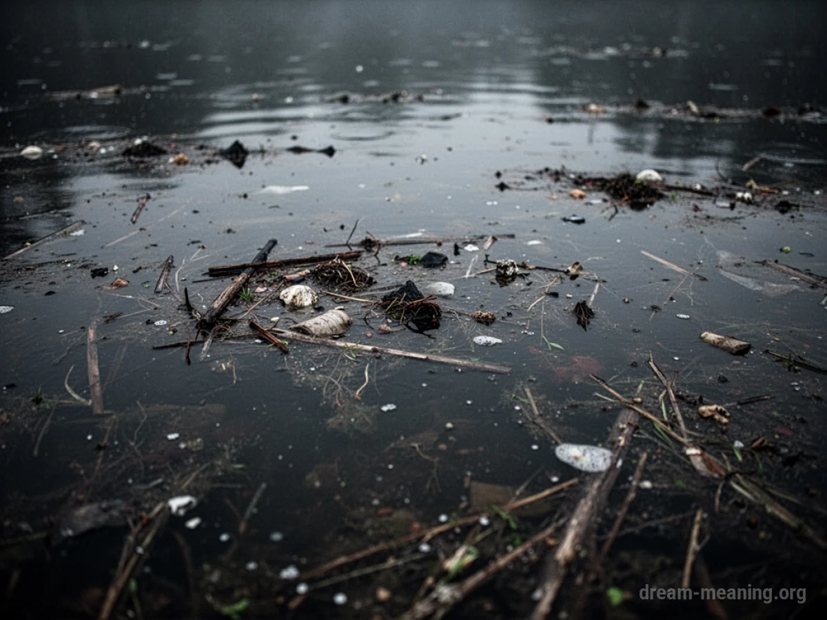 Murky, dark water with debris floating.