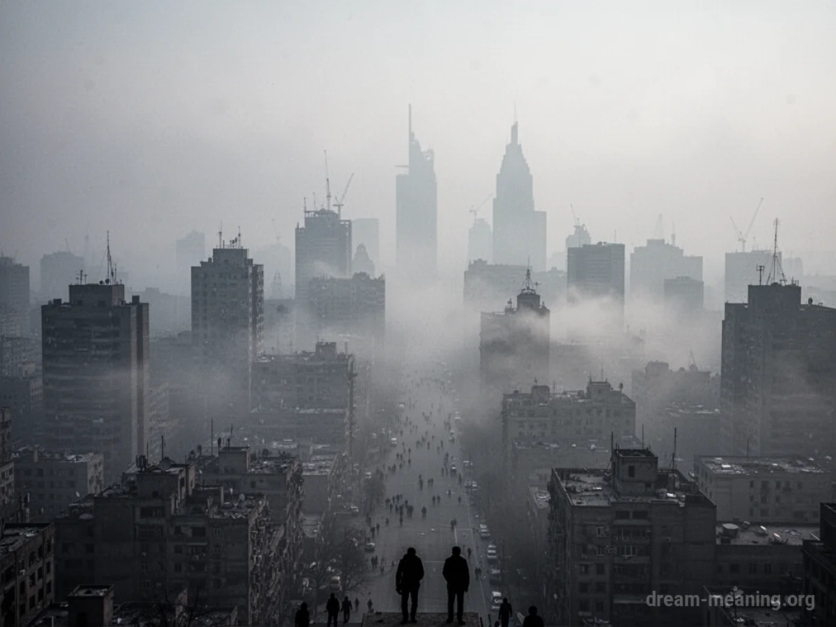 A dense smog covering a city skyline with faint outlines of buildings.