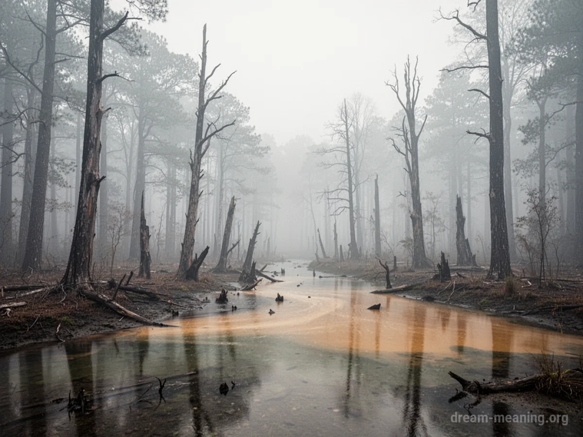 A forest landscape covered in thick gray smog with withered trees and a murky river.