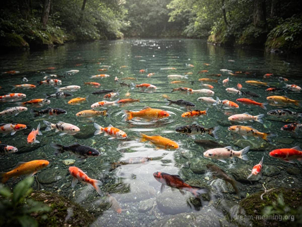 A clear swimming pool with many small, colorful fish swimming within the water.
