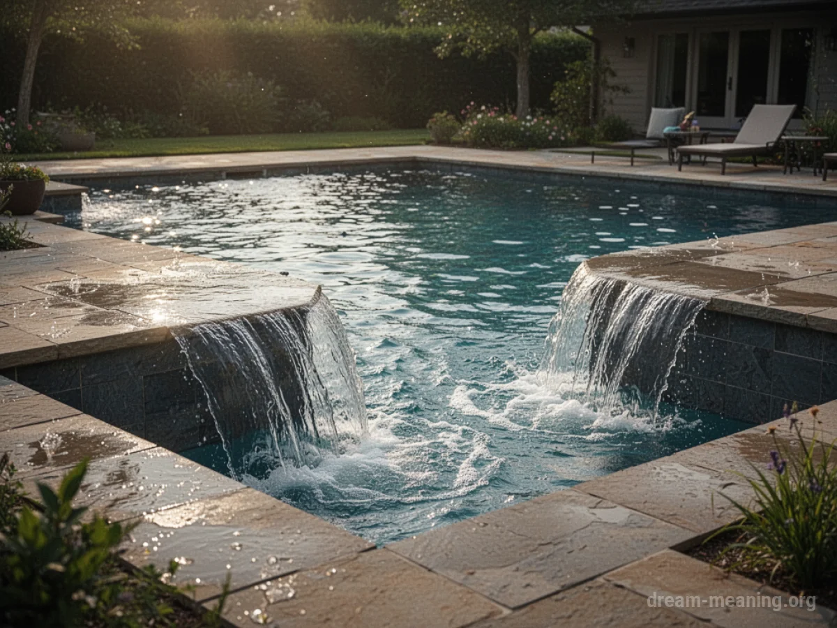 A swimming pool overflowing with water onto a tiled patio.
