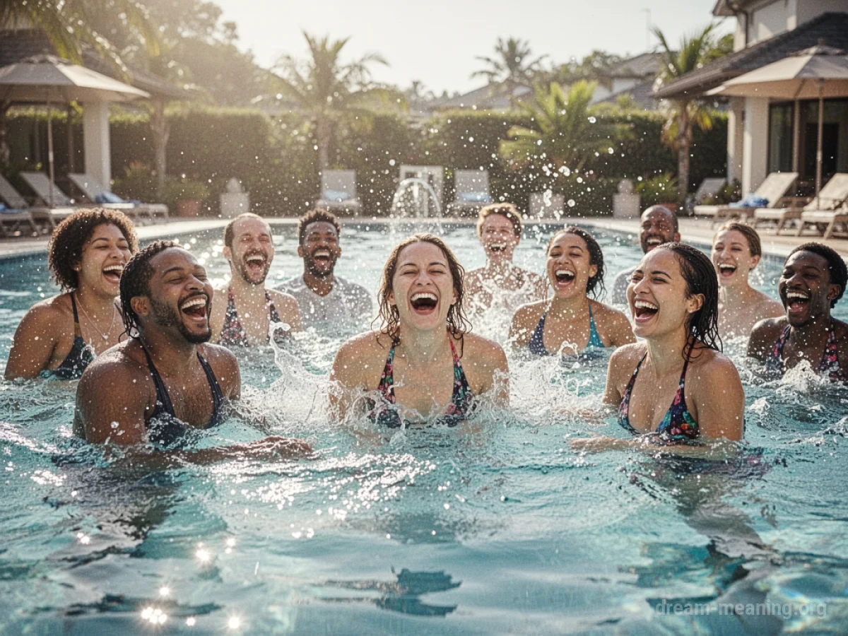 People enjoying a pool party with water splashing.