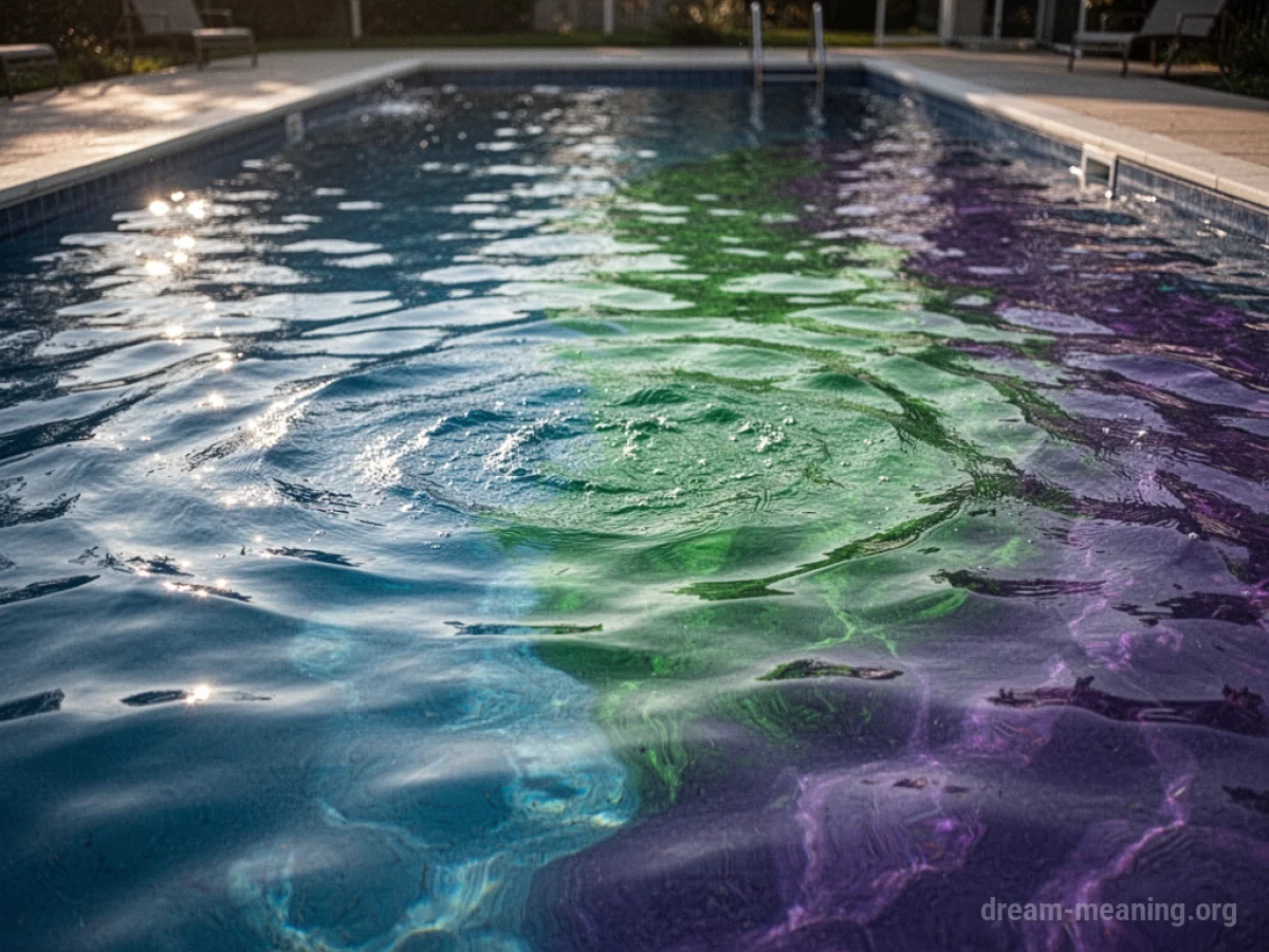 A swimming pool with water showing multiple different colors.