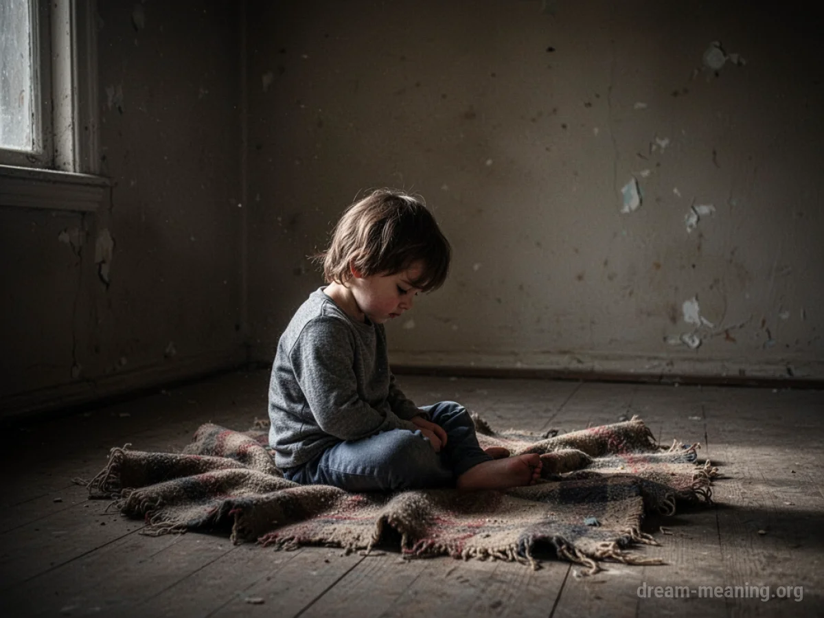 A child sits alone on a blanket in a sparsely furnished room.