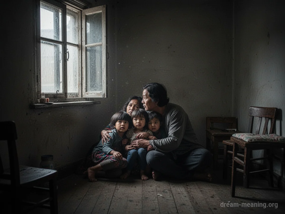 A family in a dimly lit, simple room.