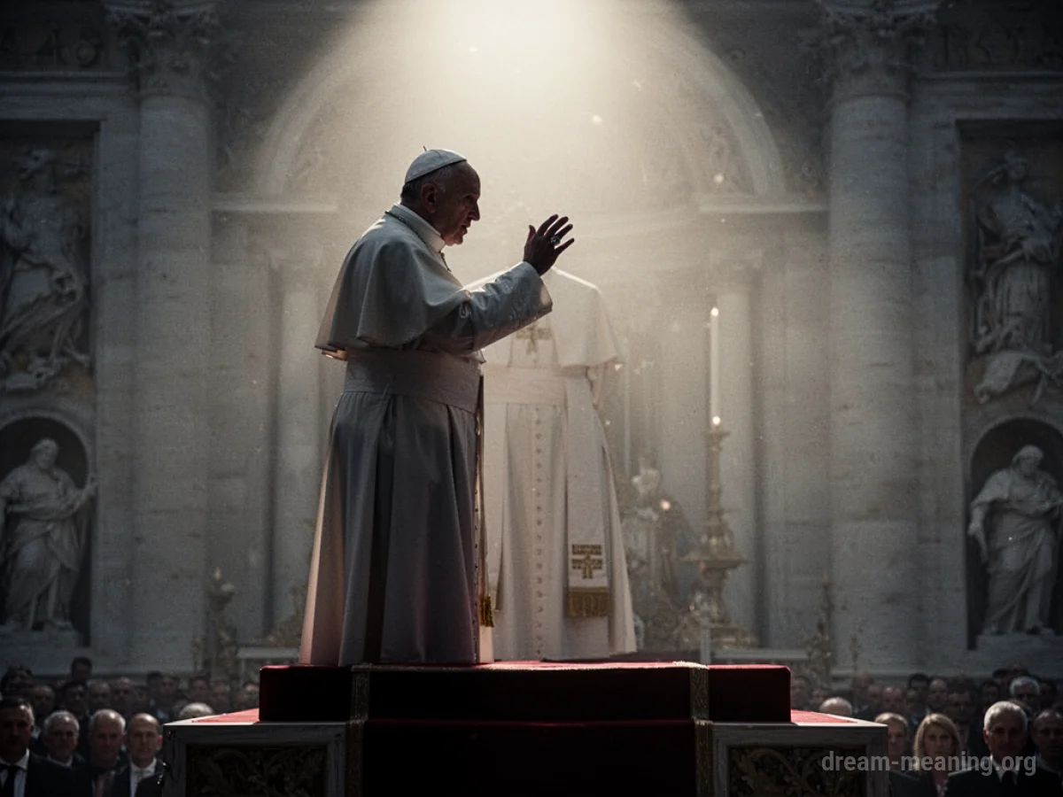 Silhouette of a Pope figure gesturing from a platform.