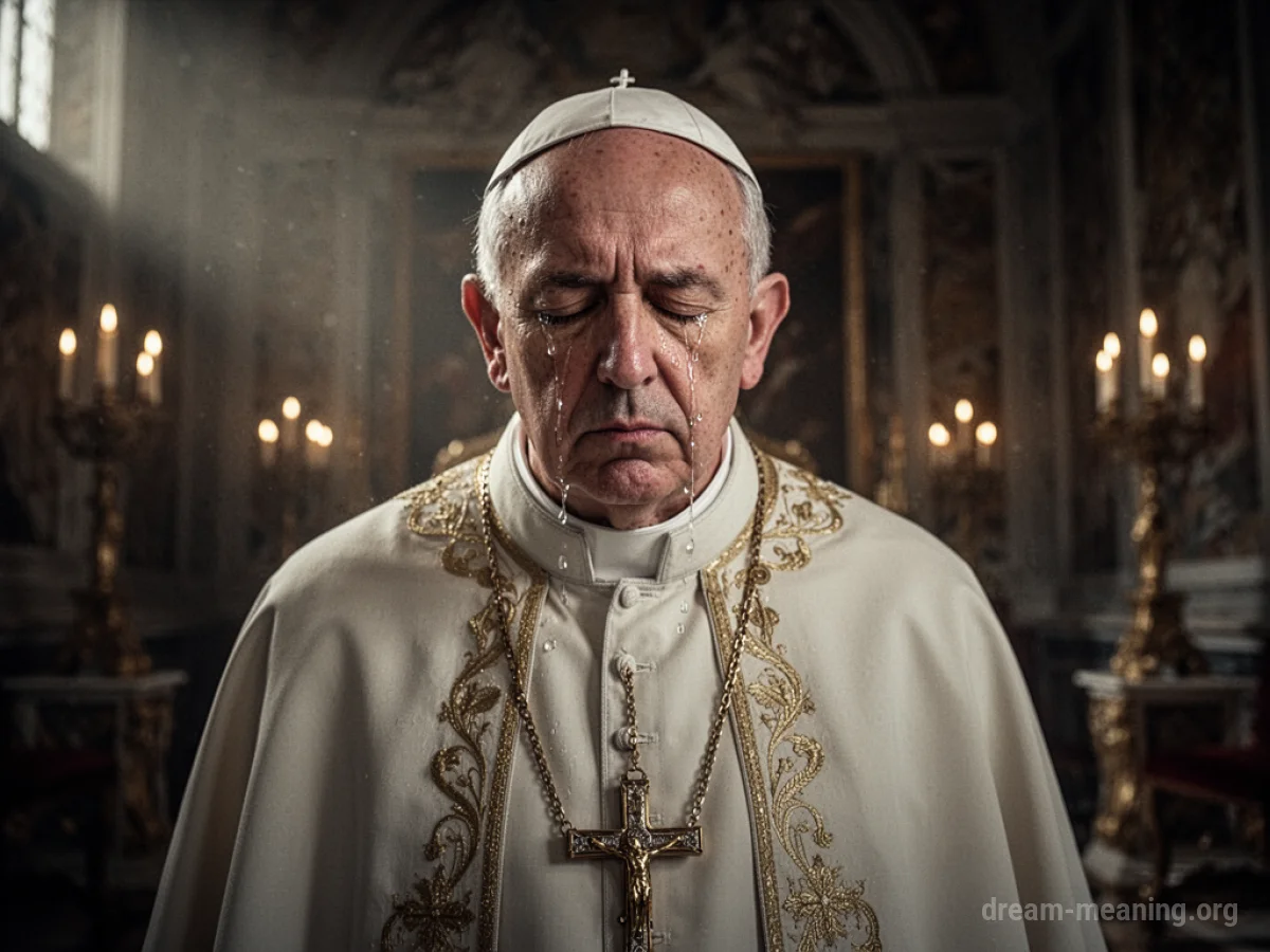 A figure in papal robes with tears on their face.
