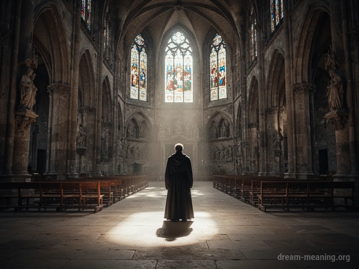 A silhouetted figure in religious attire stands in a large, dimly lit space.