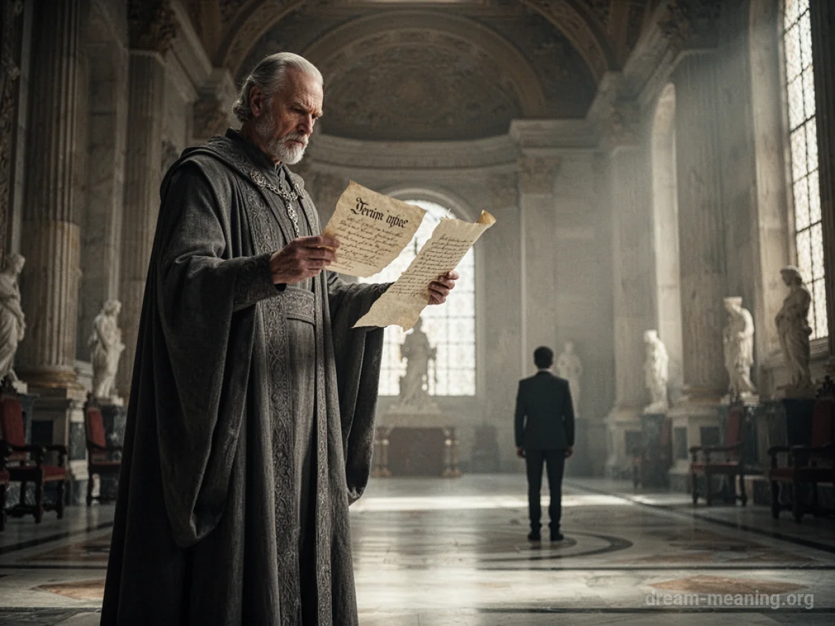 A silhouetted figure stands in a grand hall, facing away from a robed authority figure.
