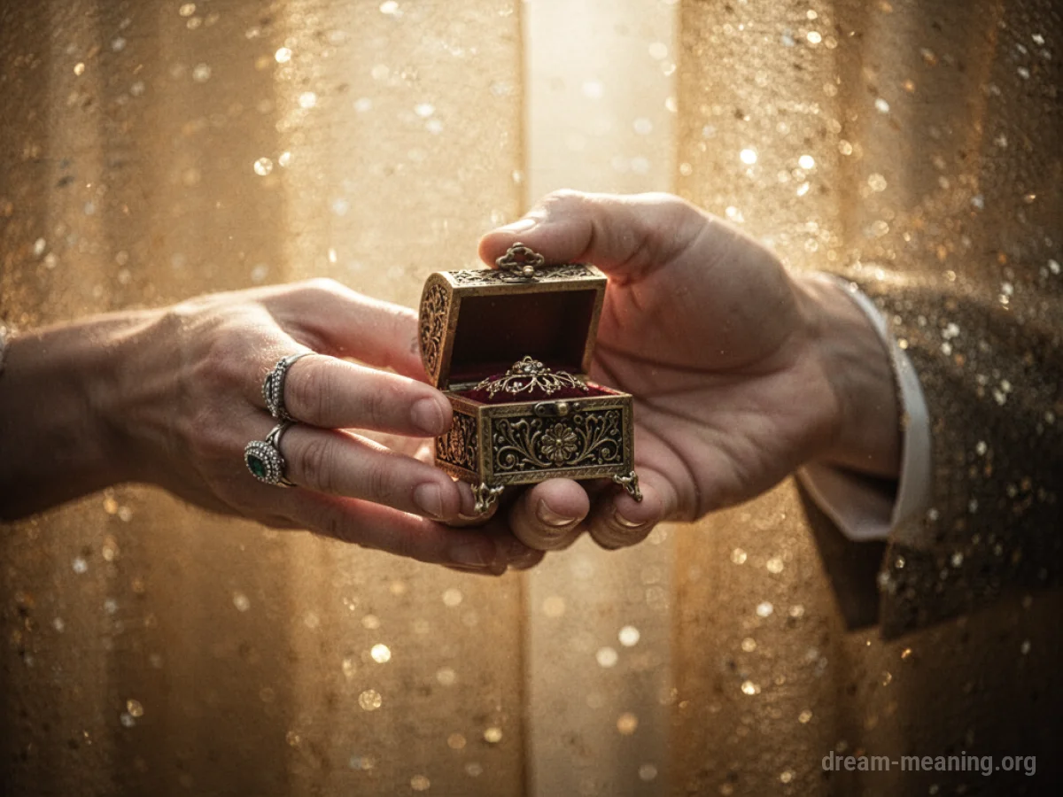 A hand wearing a ceremonial ring offers a gift box from a bright light.