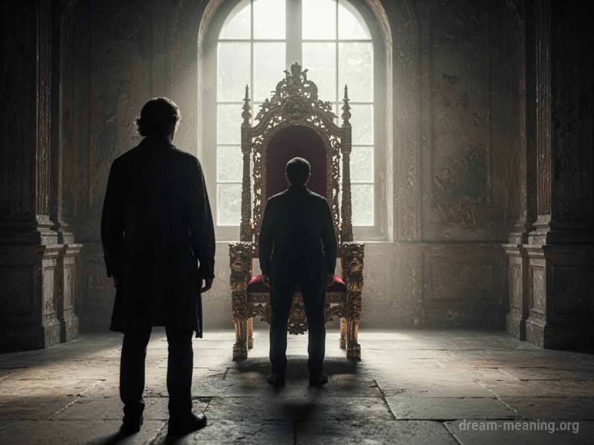 A silhouetted figure in papal attire sits on a throne, facing away from another figure standing in the distance.