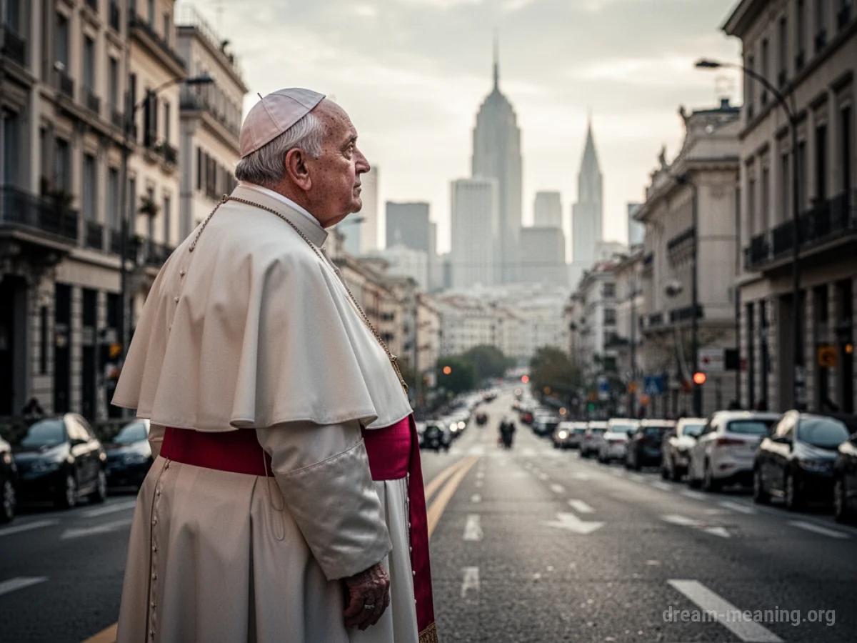 A person in a white robe and cap stands on a paved street in a city.