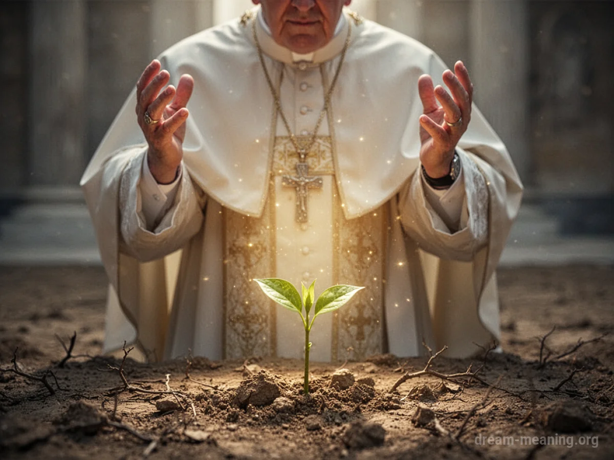 A religious figure bathed in light, causing a plant to grow from dry ground.