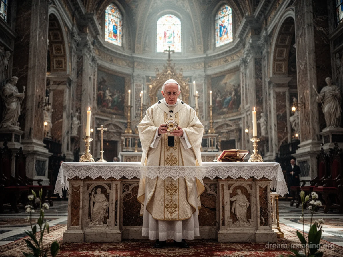 A person in papal robes stands before a church altar during a service.