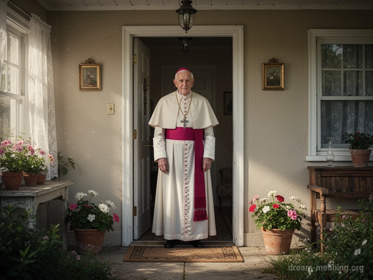 A person in papal robes stands in the doorway of a house.