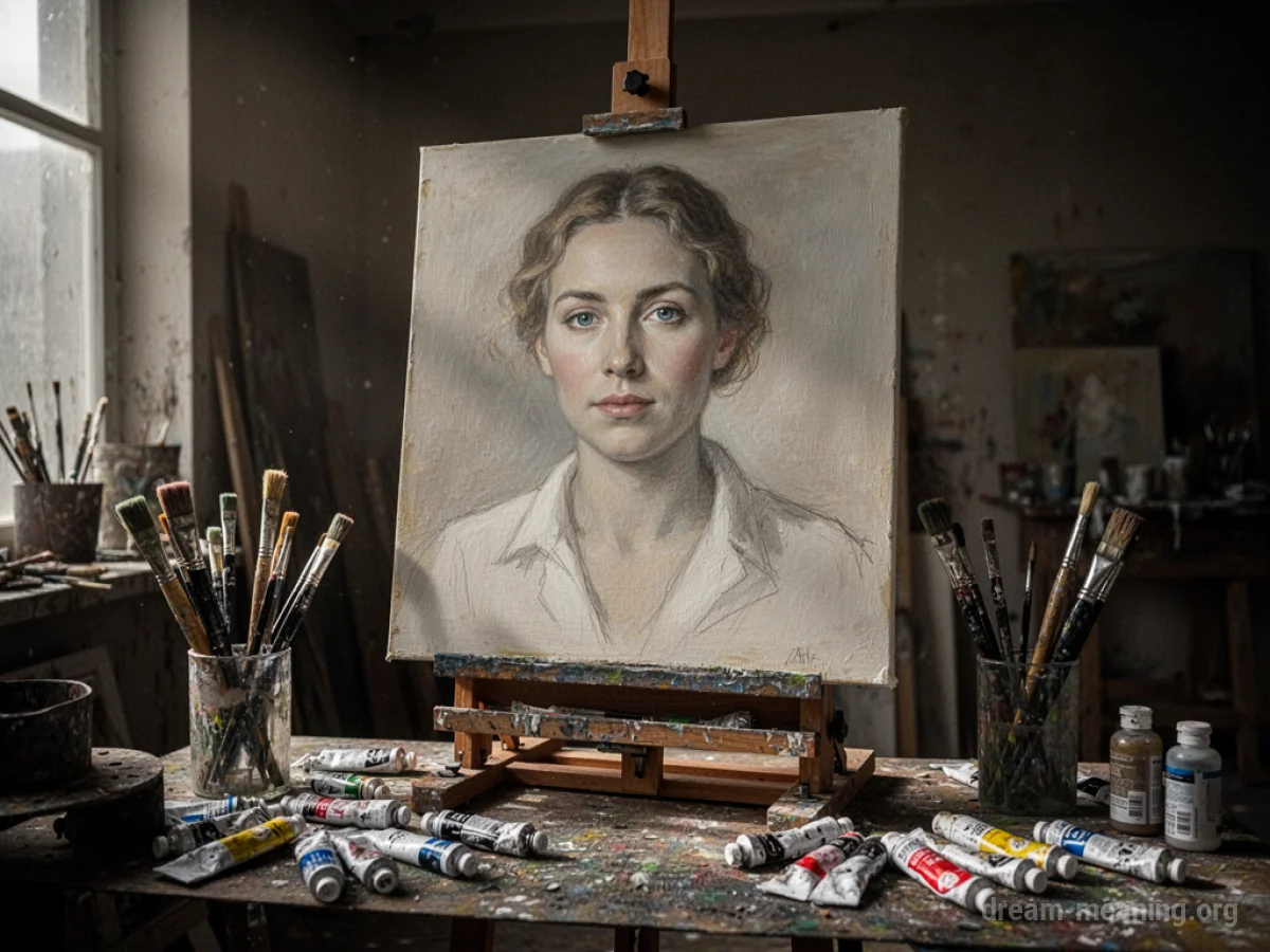 An unfinished portrait painting on an easel in an art studio.