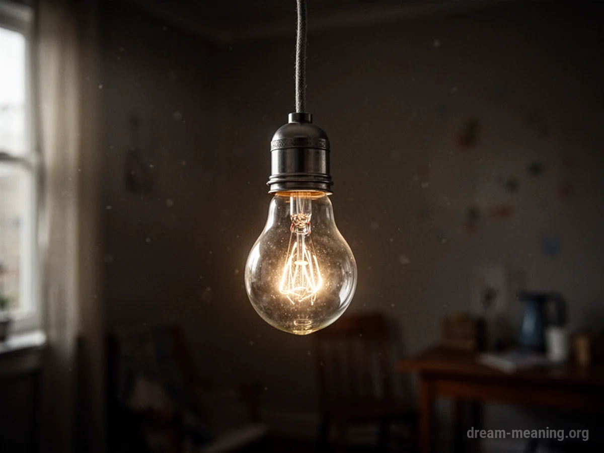 An unlit lightbulb hanging from a cord in a dark room.