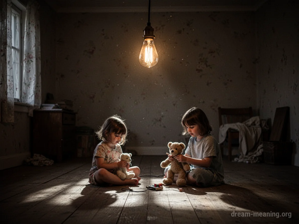 A single lightbulb flickering weakly in a dark room.