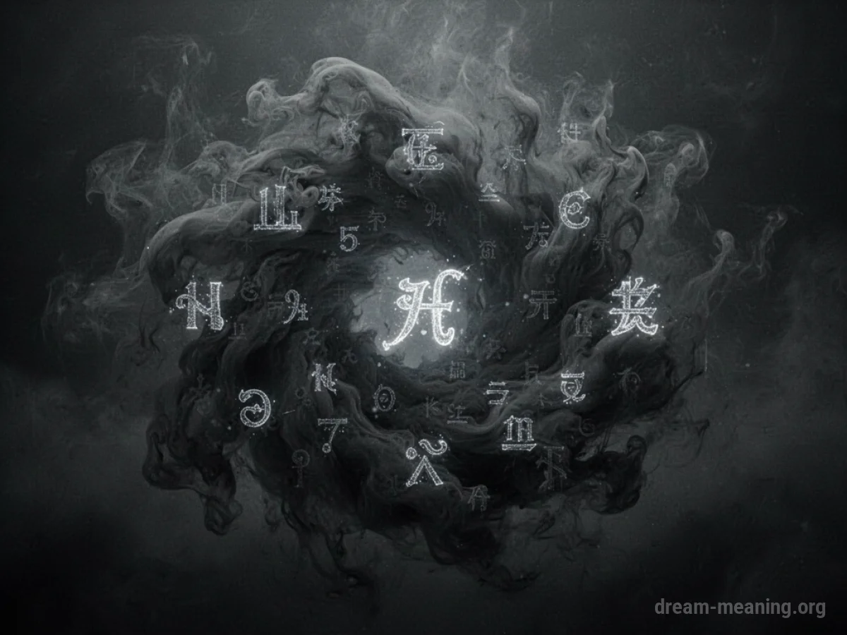 A dark, swirling mist with faint, glowing symbols.