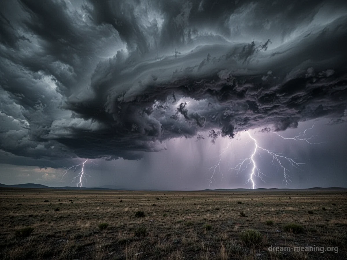 Dark, stormy sky with lightning over a desolate landscape.