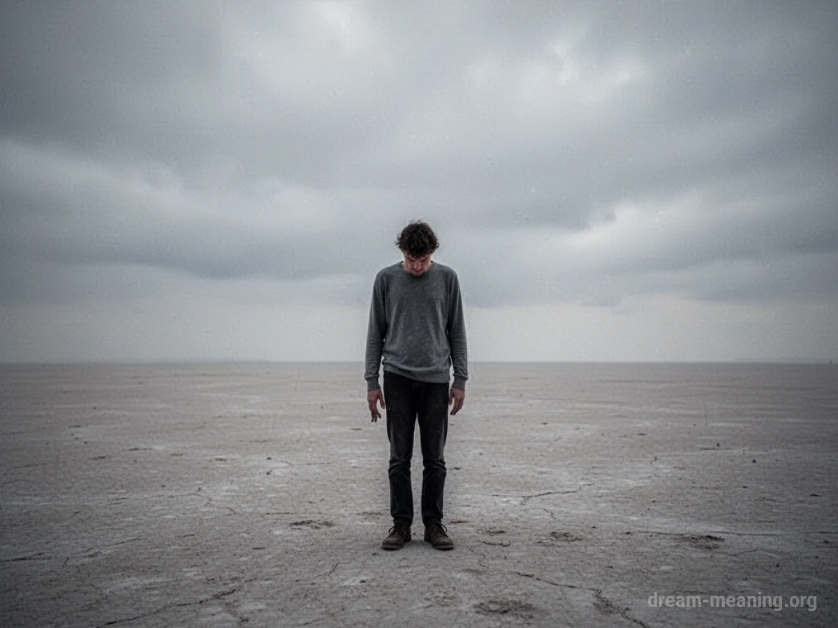 A lone figure stands in a wide, empty, grey landscape.