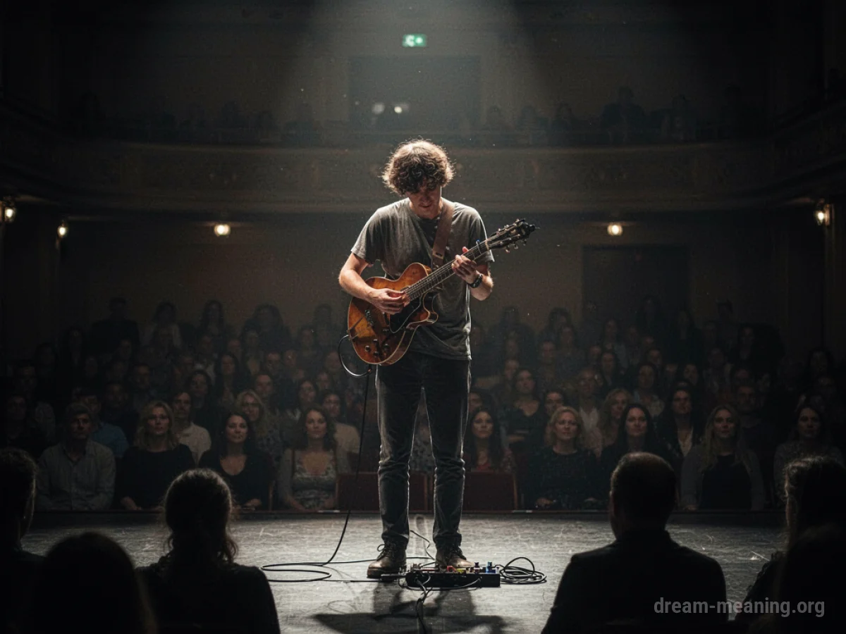 A solitary figure practicing a musical instrument on a stage, with an indistinct audience watching from the shadows.