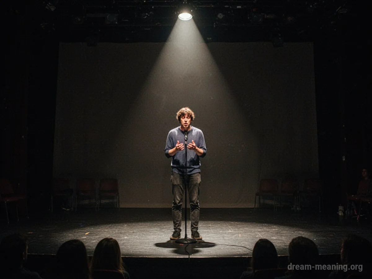 A solitary figure rehearsing on an empty stage under a spotlight.