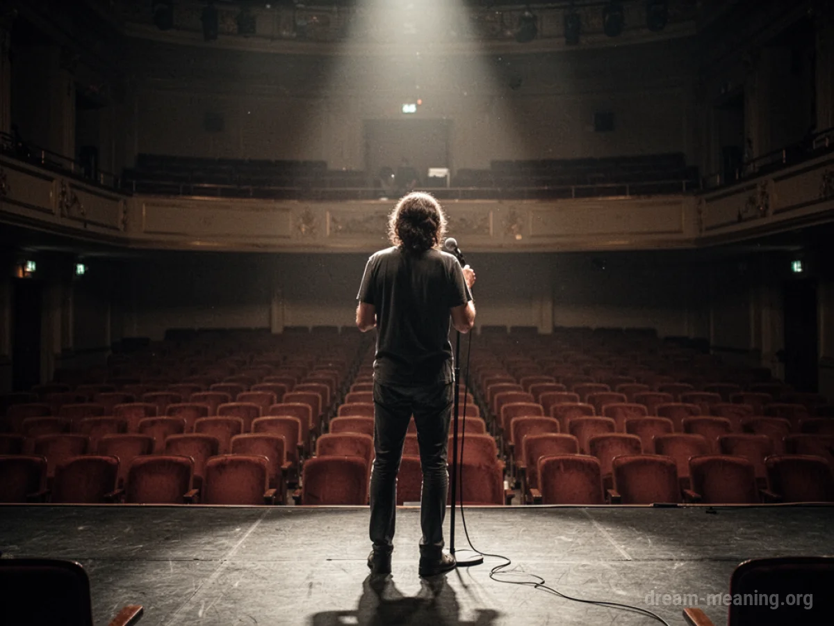A person on a stage holding a microphone in front of an empty audience.