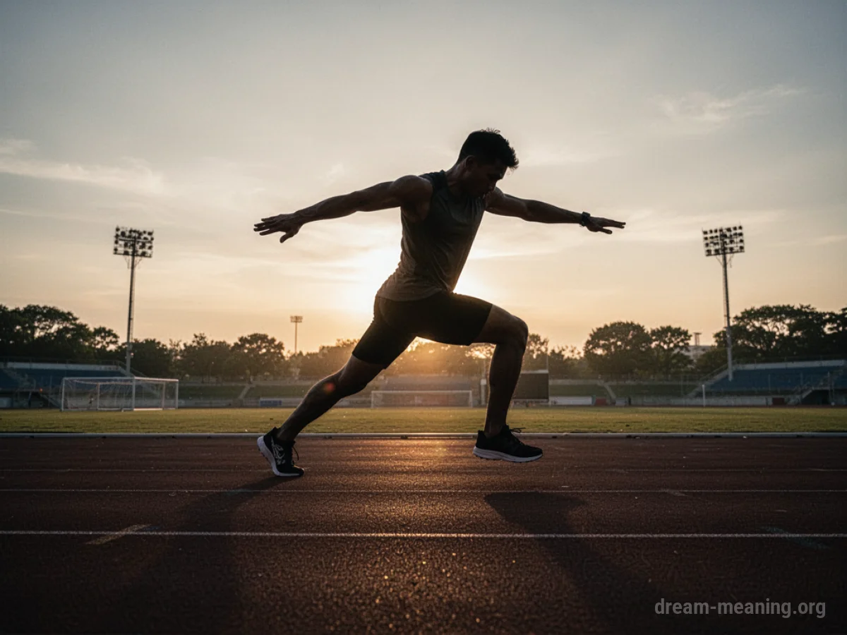 Silhouette of an athlete training on a track with a sunrise in the background.