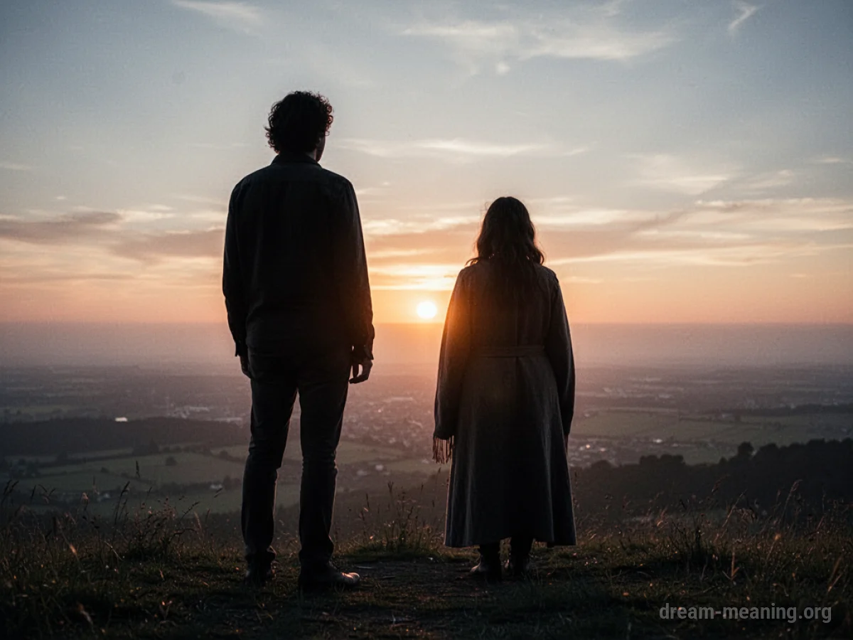 Silhouette of two people standing together, facing a bright horizon.