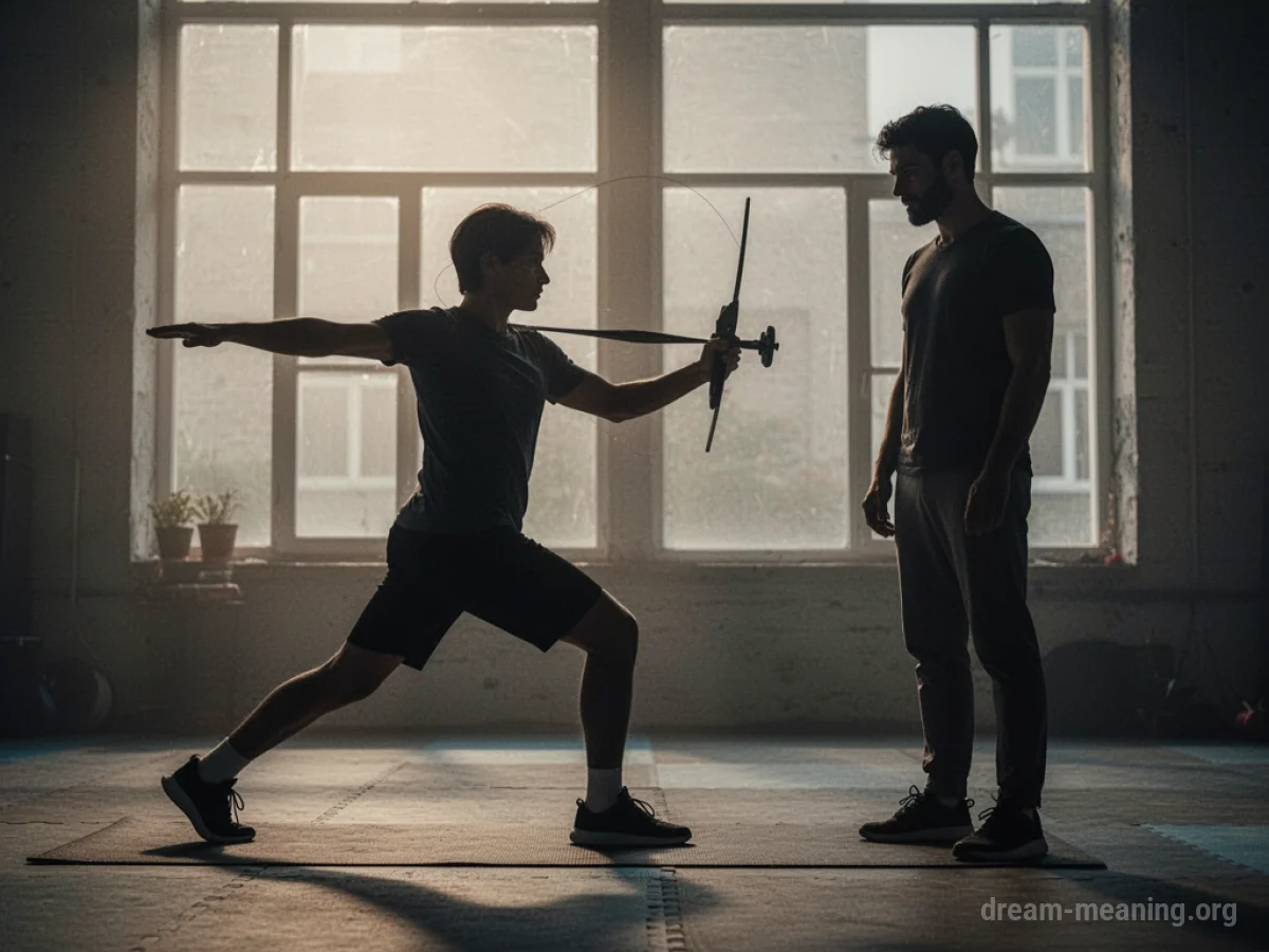 Silhouette of a person practicing a skill with a second figure observing.