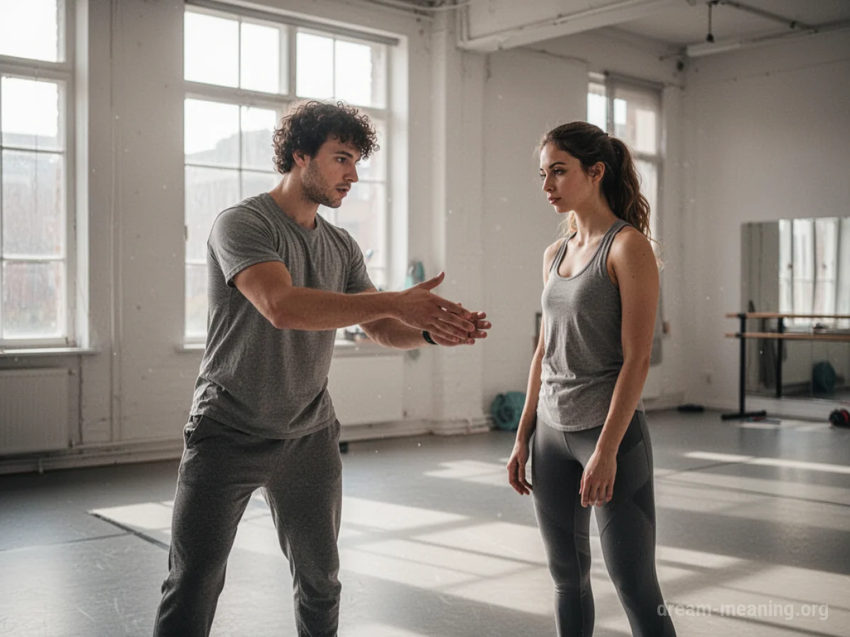 Two people practicing a skill together in a studio.