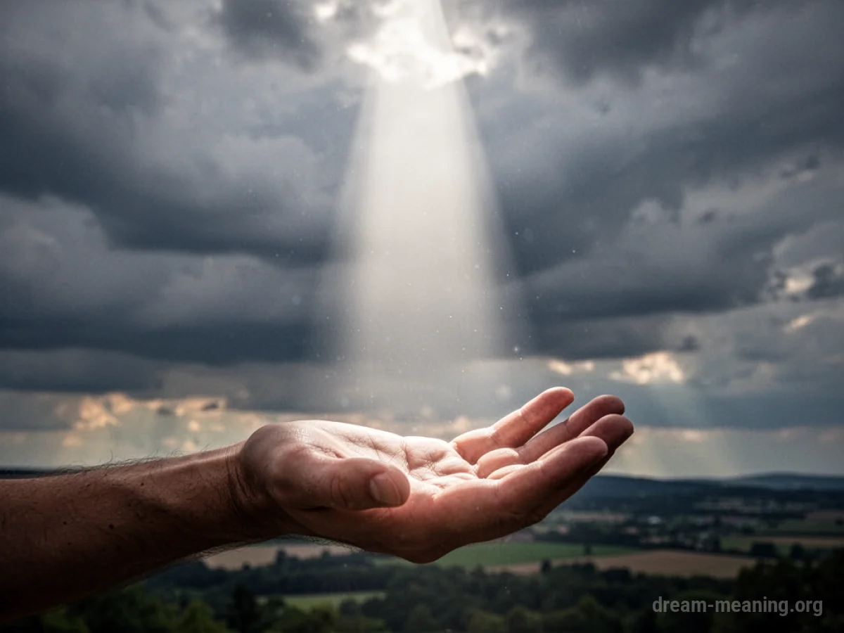 A beam of light descends from clouds onto an open hand.