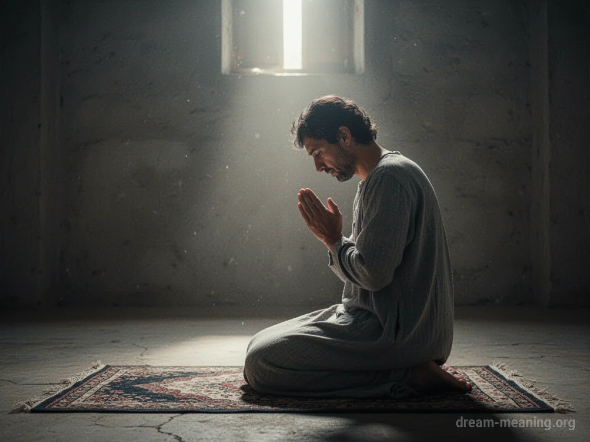 A person praying with a faint light far above them.