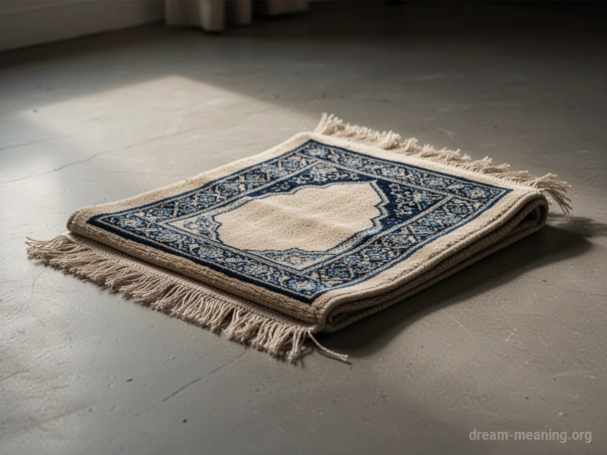 A folded prayer mat resting on a wooden floor.