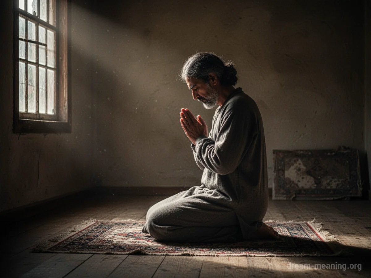 A person kneeling with hands clasped in prayer, facing away from the viewer.