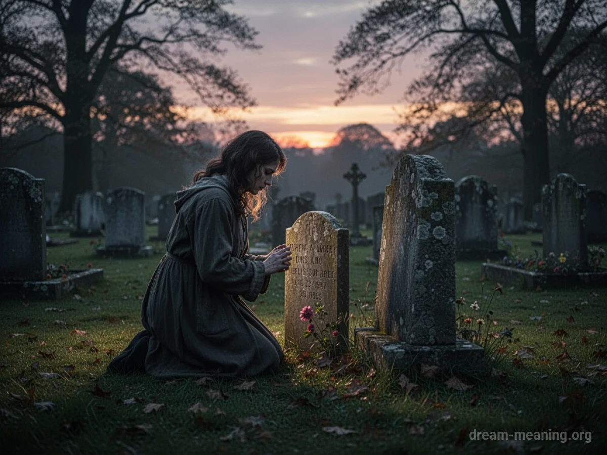 A person kneeling at a gravestone.