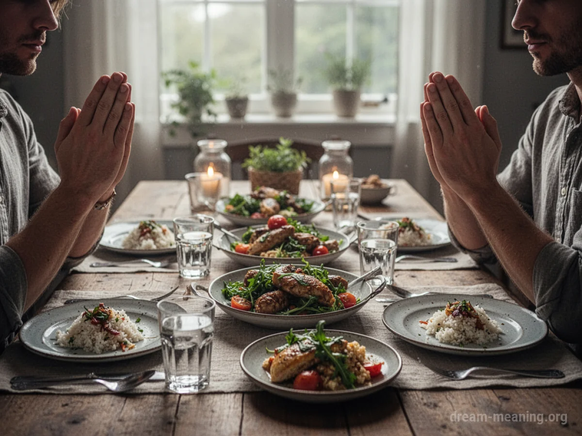 Hands clasped in prayer over a set dinner table.