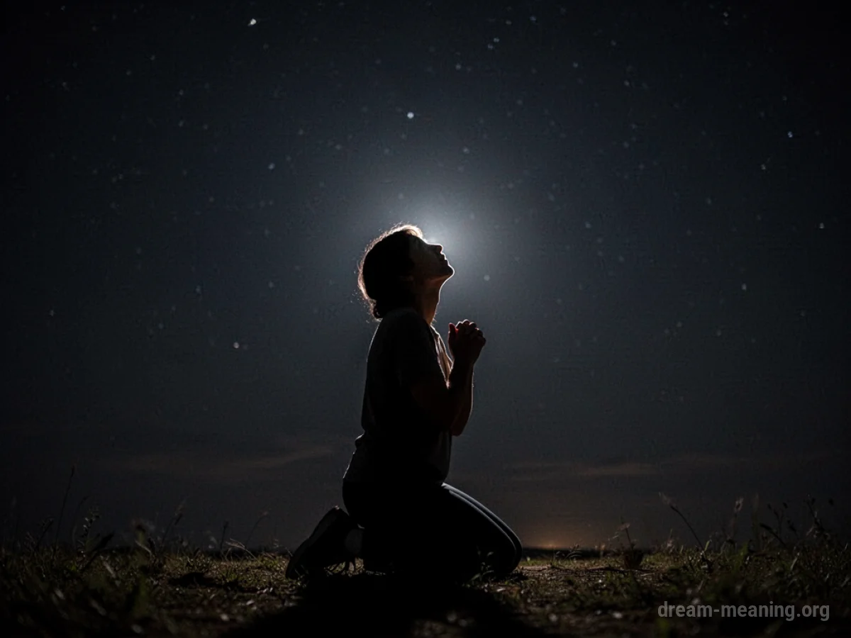 Silhouette of a person kneeling with hands clasped, looking towards a light in the sky.