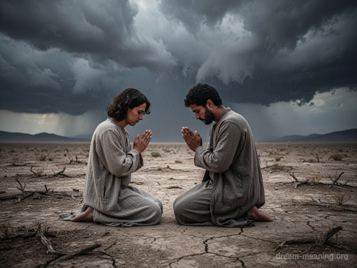 A solitary figure praying against a backdrop of dark, turbulent clouds.