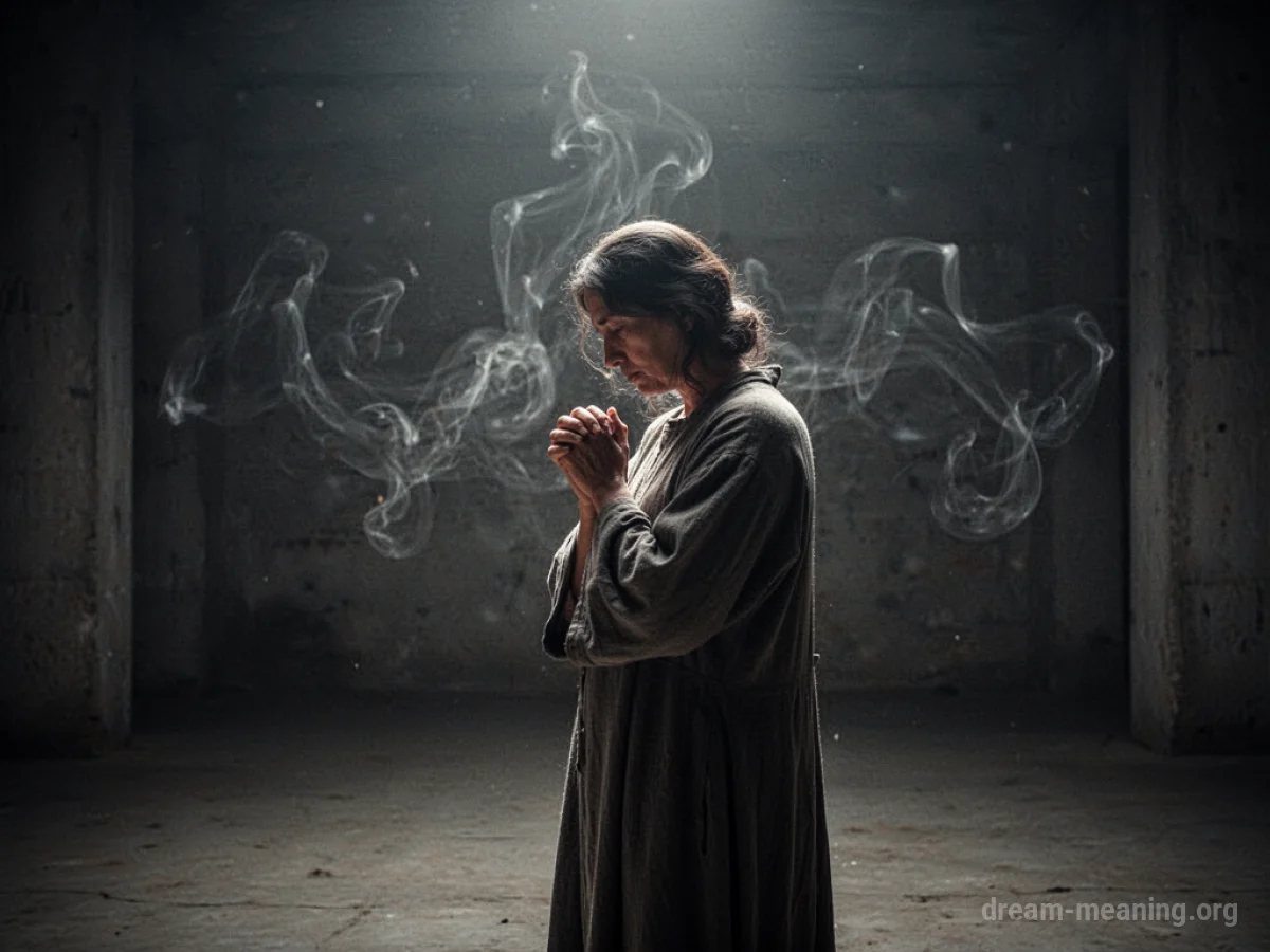 A silhouette of a person with hands clasped in prayer in a soft light.