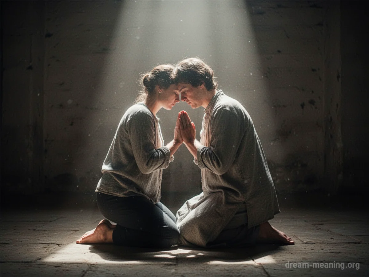 A person praying with eyes closed and hands clasped.